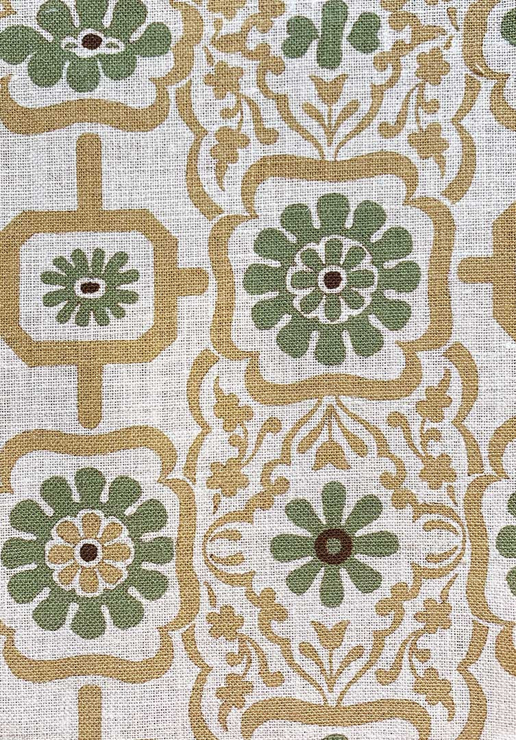 Rosette and Fret - Gold Green on Natural Linen