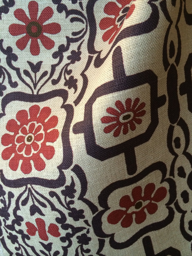 Rosette and Fret - Aubergine Red on Natural Linen