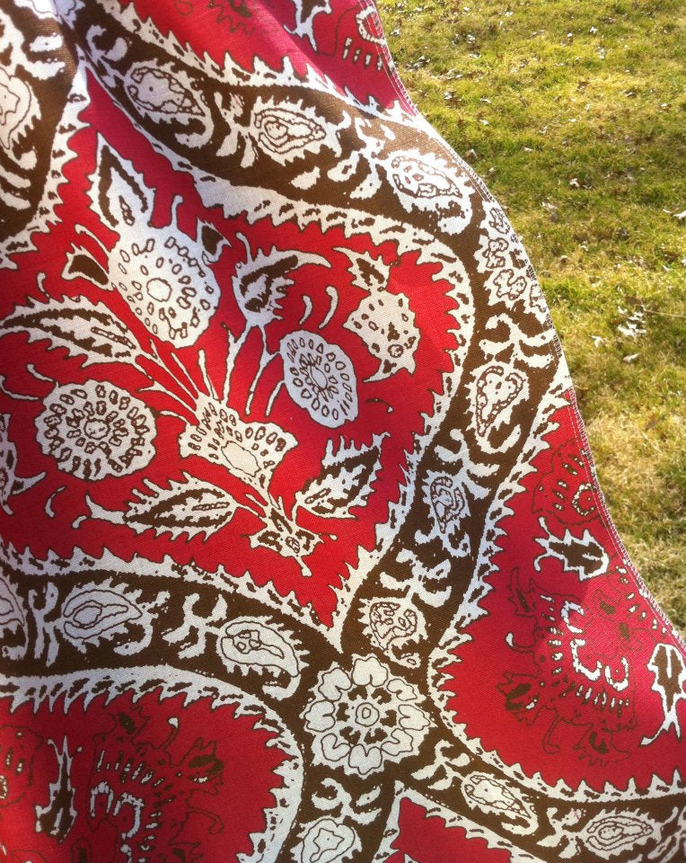 Arts and Crafts Damask - Red Brown on Natural Linen