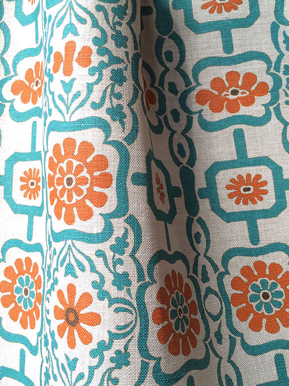 Rosette and Fret - Turquoise Orange on Natural Linen