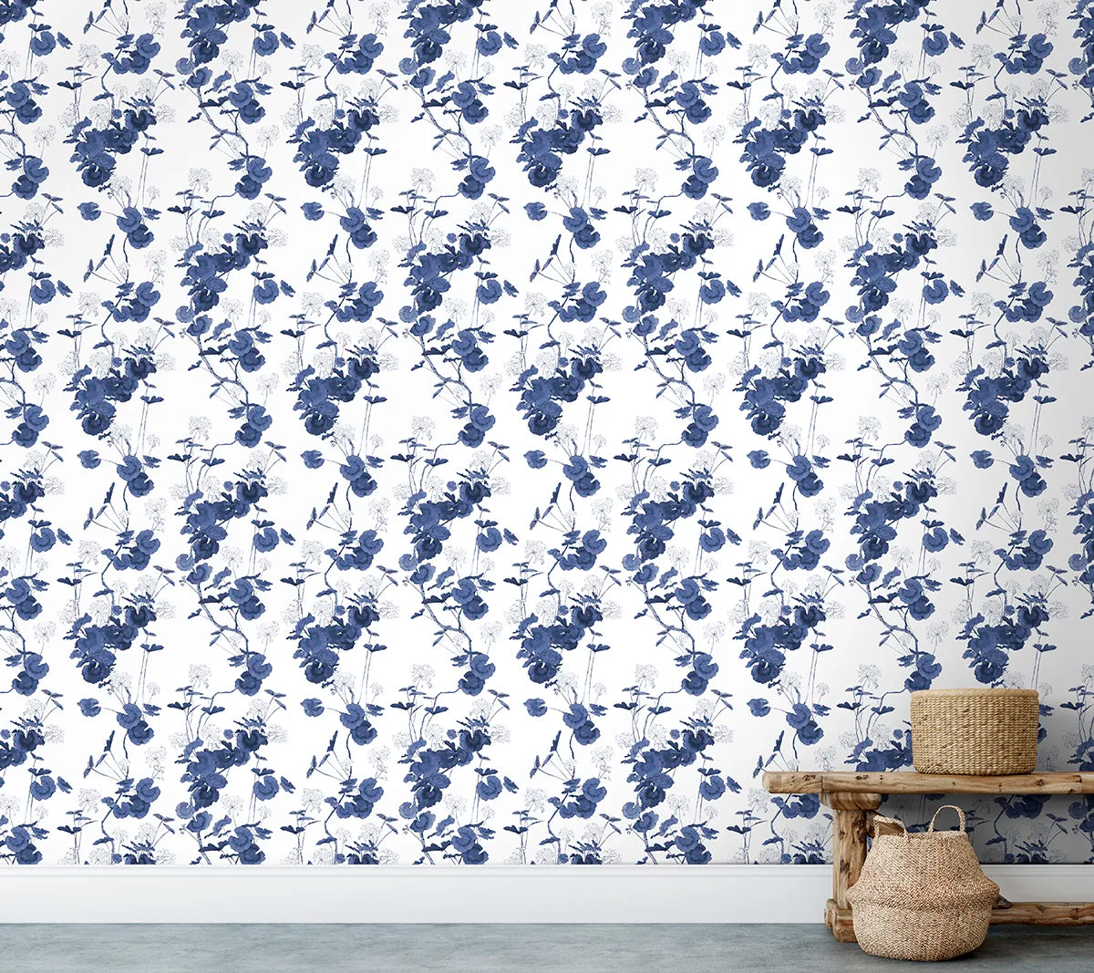 Geranium Wallpaper - Blue on White
