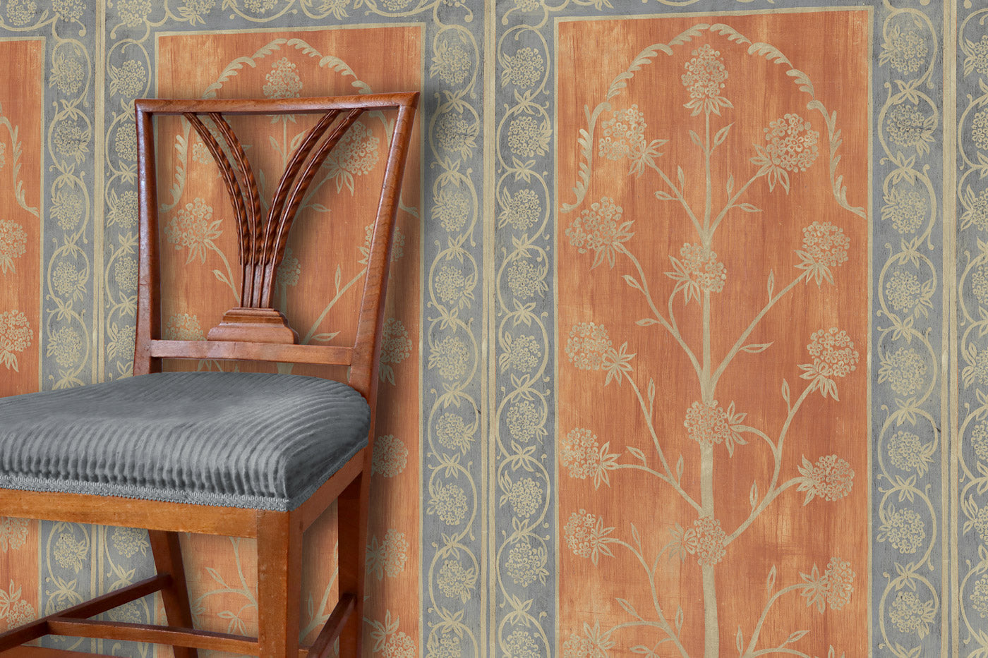 Plumbago Tree Wallpaper - Burnt Orange and Denim Blue