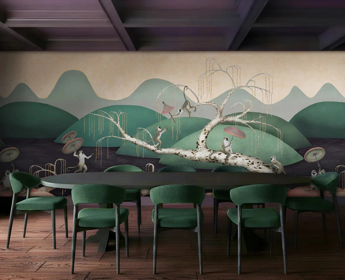 Seaside Singerie on Grasscloth - Emerald and Amethyst