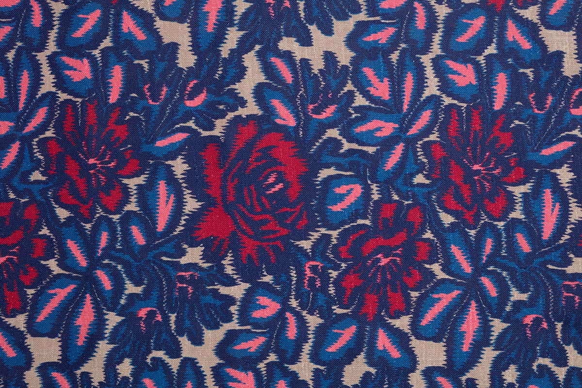 Jardin D'Ikat Sur Lin - Blue/Rose