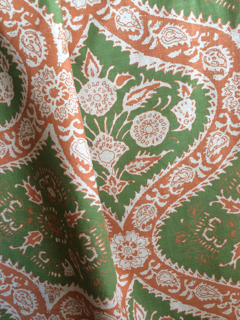 Arts and Crafts Damask - Green Orange on Natural Linen
