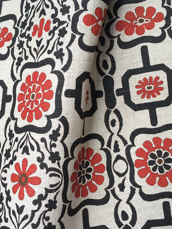 Rosette and Fret - Espresso Red on Natural Linen