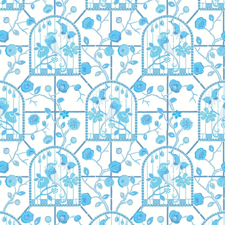 Bird Cage Walk Wallpaper - Blue on White