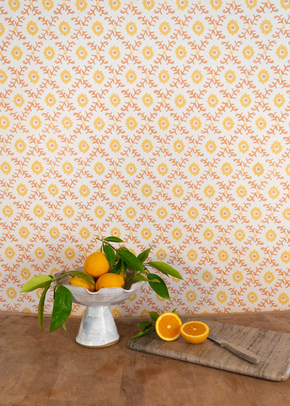 Folk Flower Wallpaper - Yellow/Terracotta