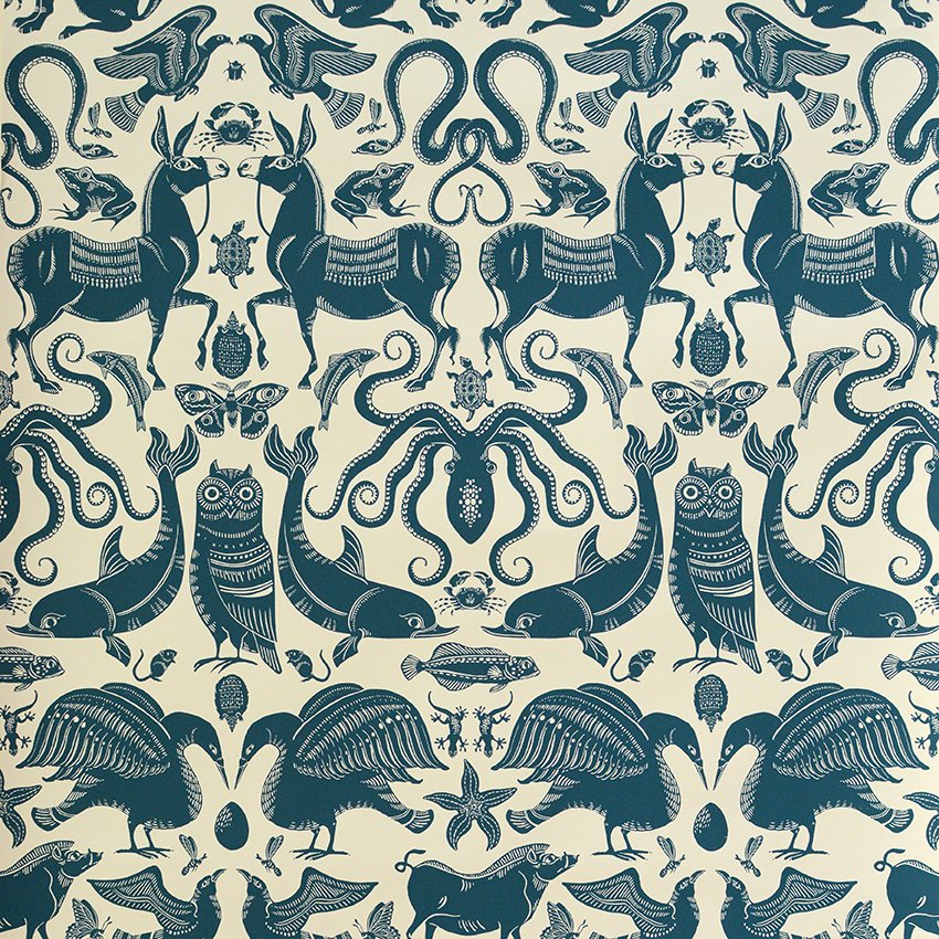 Birds & Beasts Wallpaper - Ionian Blue