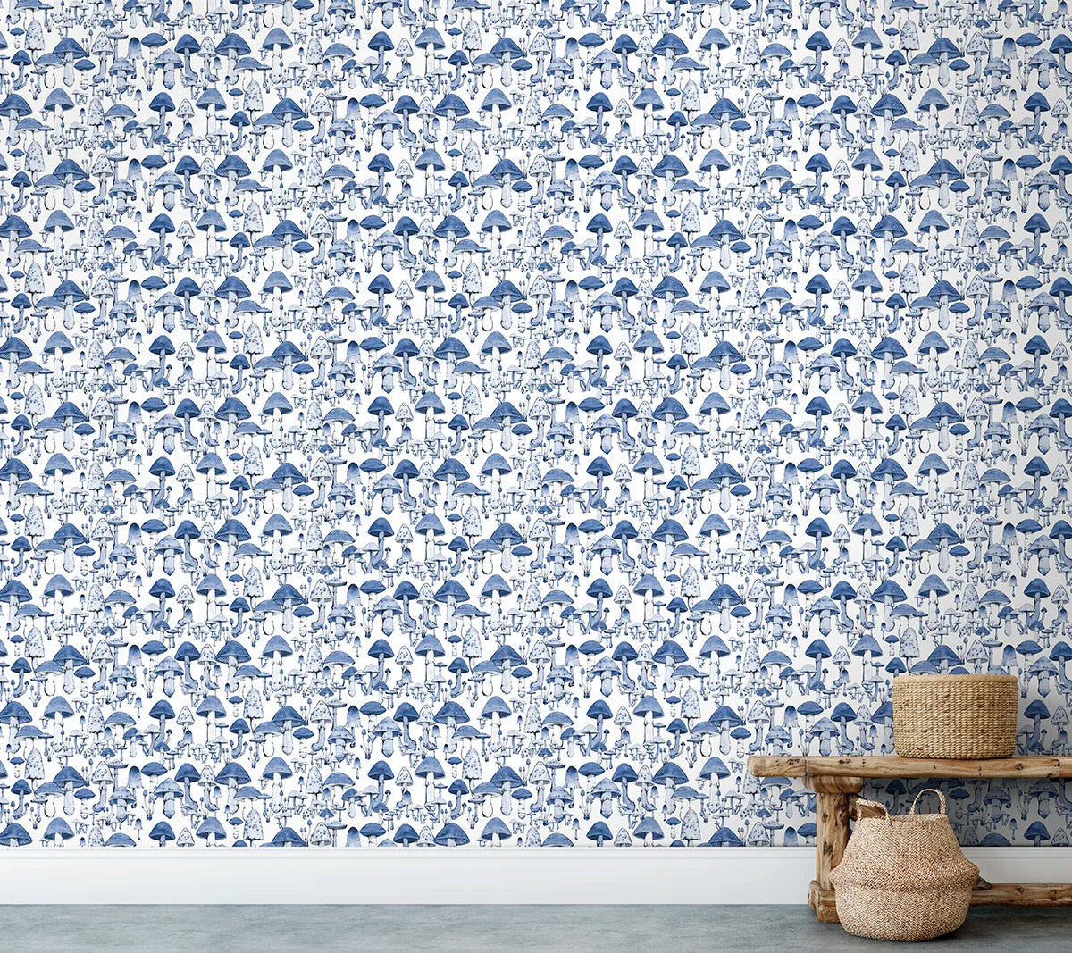 Mushroom Party Wallpaper - Blue on White