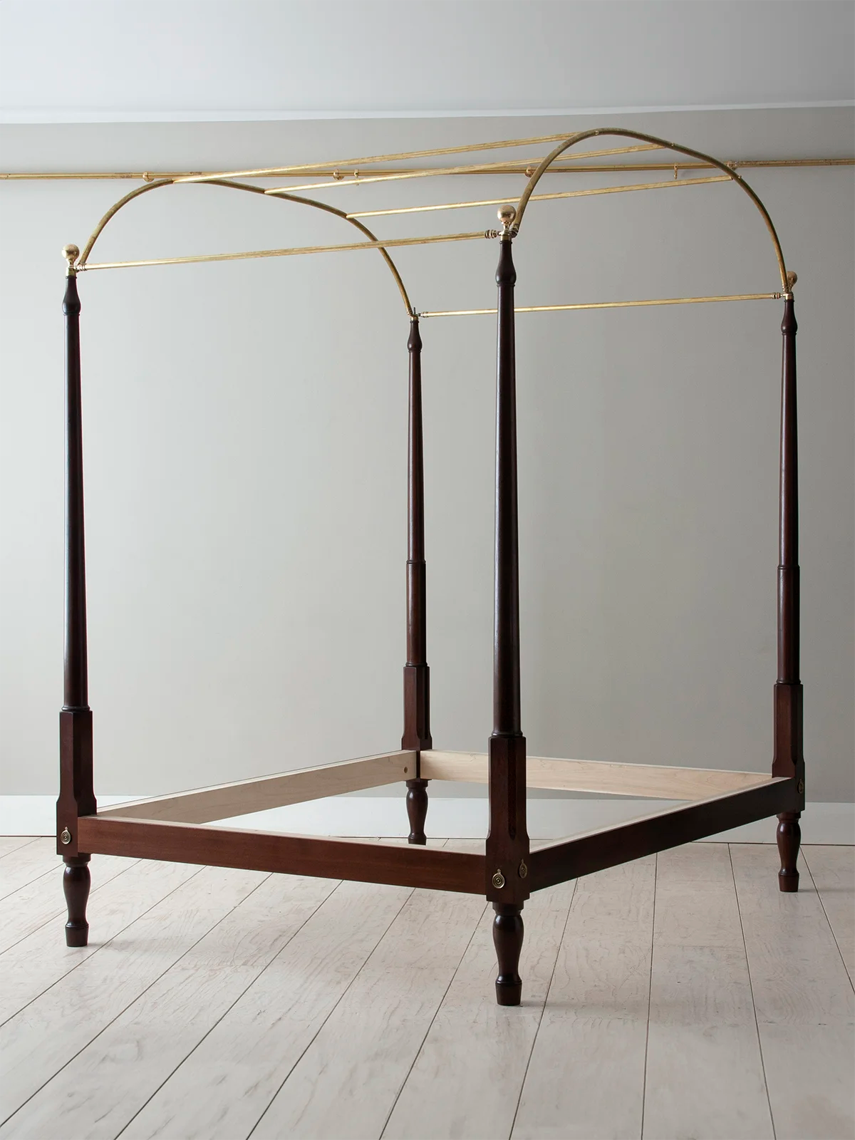 Campaign Bed Queen - Antique Mahogany - Brass Canopy