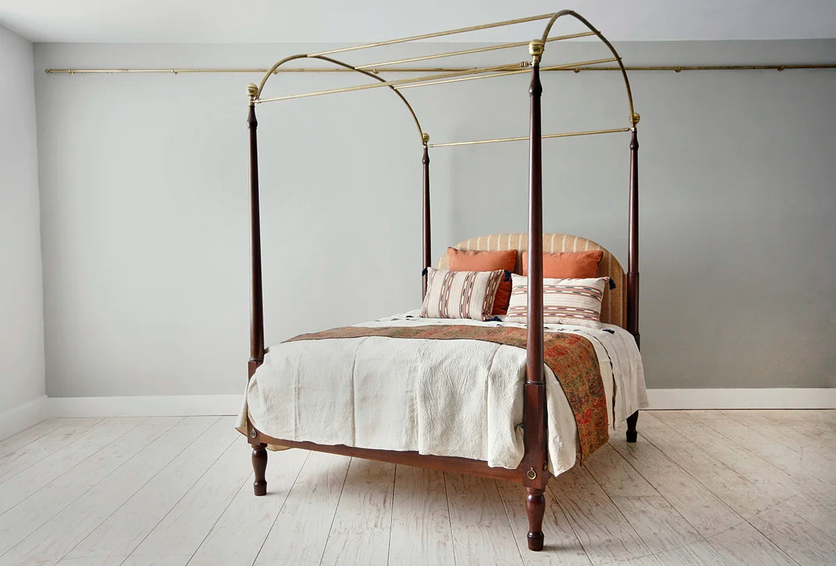 Campaign Bed Queen - Antique Mahogany - Brass Canopy