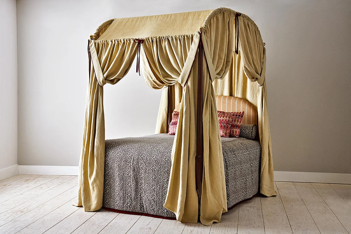 Campaign Bed Queen - Antique Mahogany - Brass Canopy