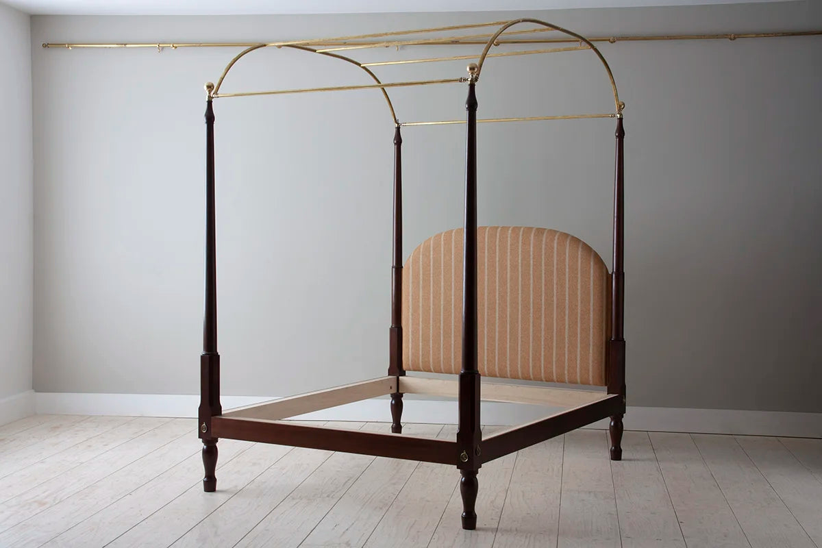 Campaign Bed Queen - Antique Mahogany - Brass Canopy