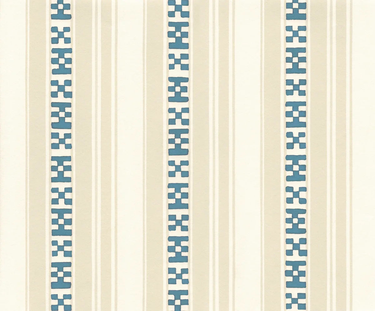 Rayures Broderies Wallpaper - Blue & Beige