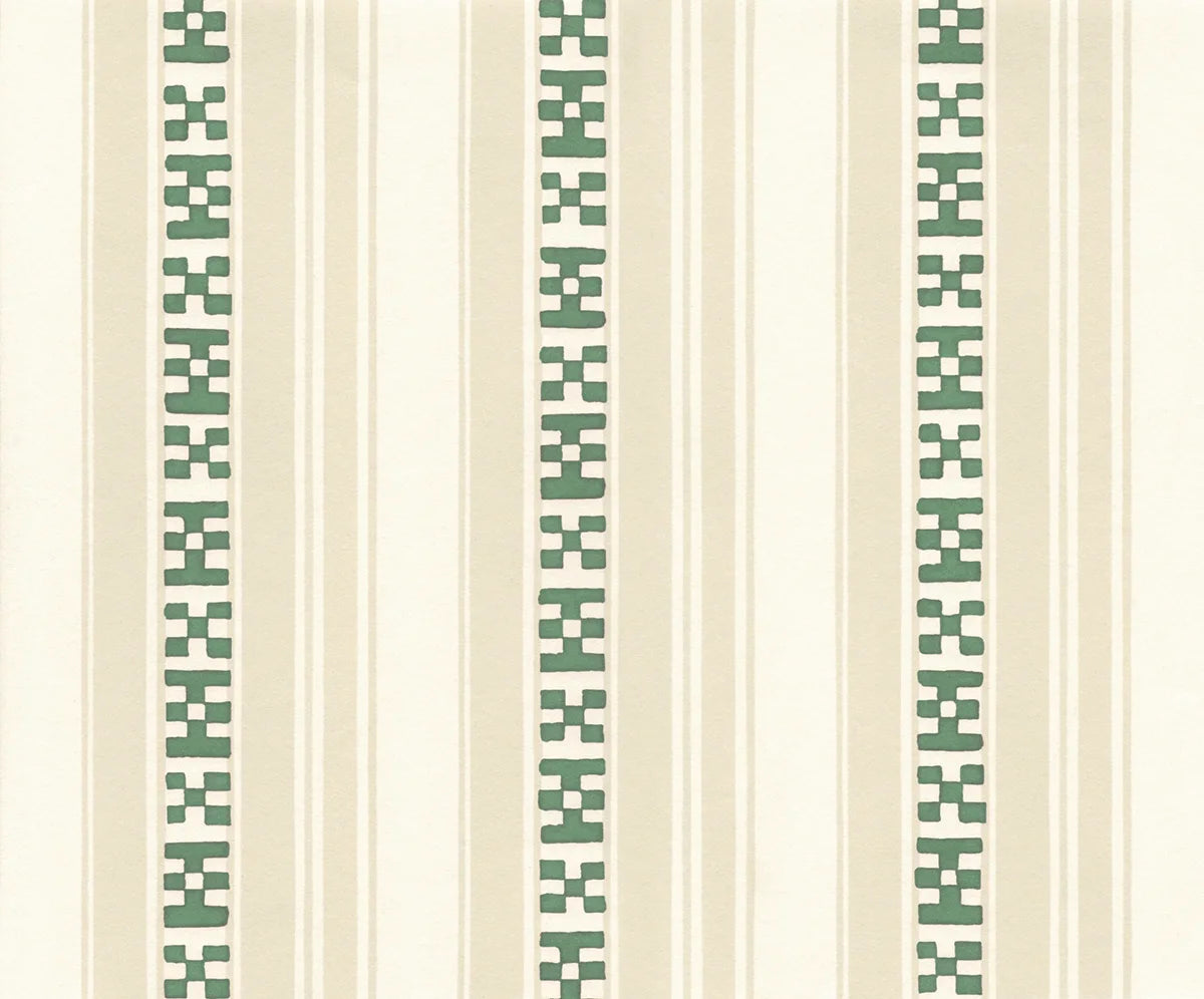 Rayures Broderies Wallpaper - Green & Beige