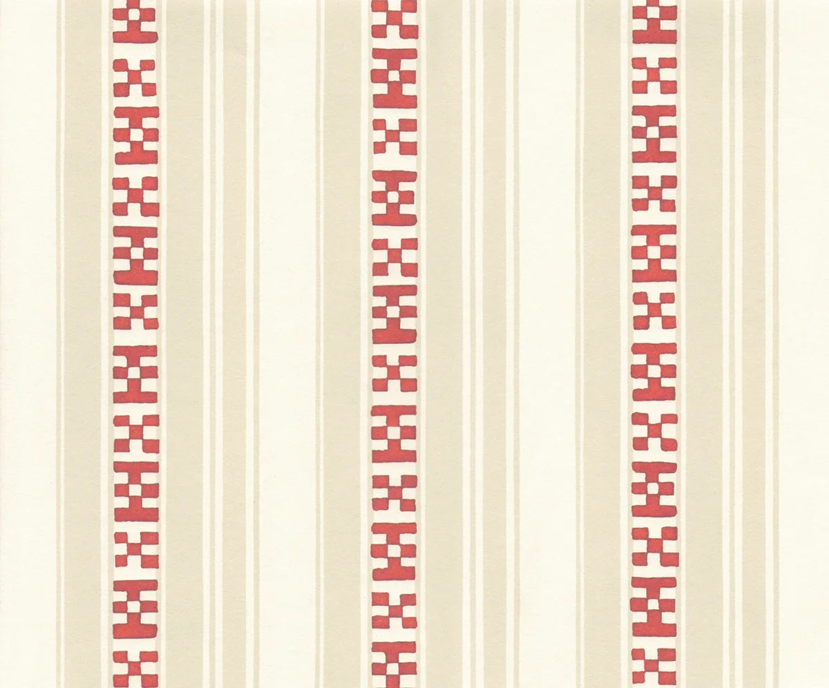 Rayures Broderies Wallpaper - Red & Beige
