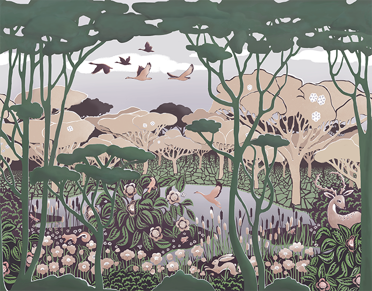 Sheltering Pond Wallpaper Mural - Forest Green