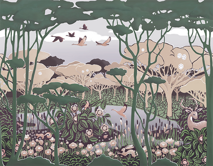 Sheltering Pond Wallpaper Mural - Forest Green