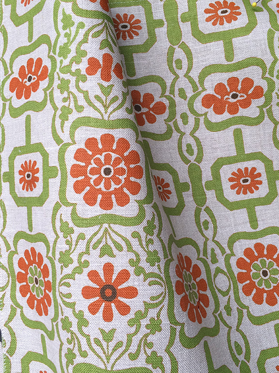 Rosette and Fret - Green Orange on Natural Linen