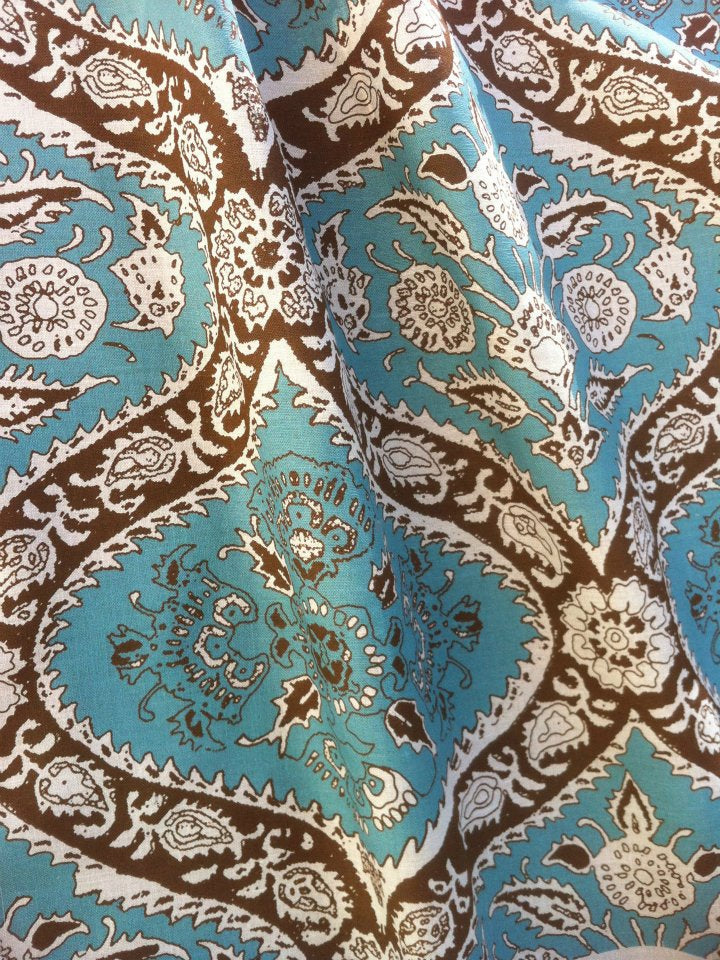 Arts and Crafts Damask - Turquoise Brown on Natural Linen