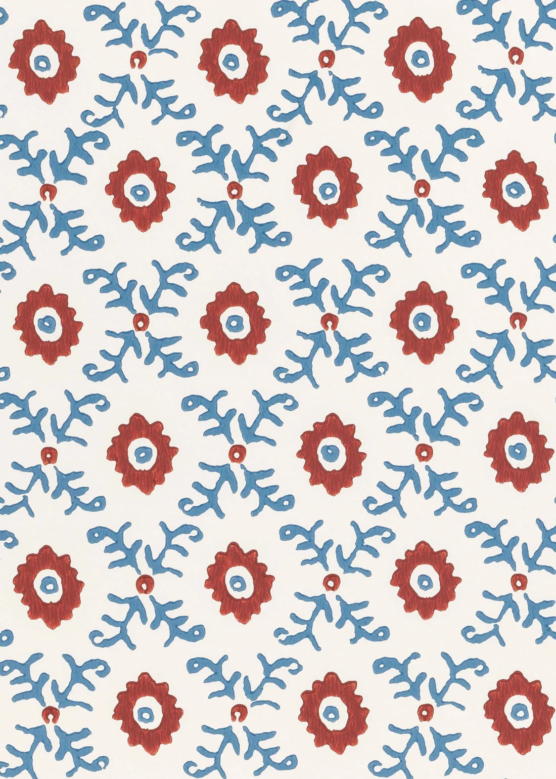 Folk Flower Wallpaper - Red/ Blue