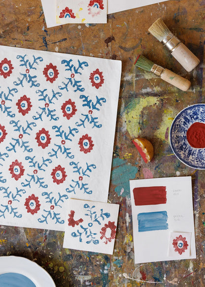Folk Flower Wallpaper - Red/ Blue