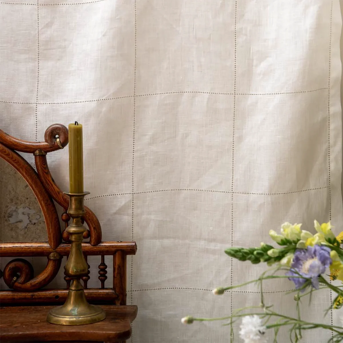 Drawn Thread Fabric Hemstitch Check - Ivory White